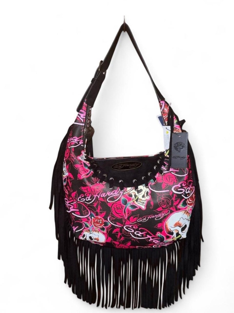 Ed Hardy Black & Pink Skull Rose Fringe Hobo Bag